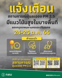 กทม. แจ้งเตือน 24 - 25 ต.ค.นี้  แนวโน้มฝุ่น PM 2.5 สูง