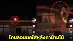 ระทึก! โคมลอยตกใส่หลังคาบ้านไม้ ไฟลุกไหม้ หนุ่มปีนเก็บเกือบร่วงเพราะบ้านพัง (ชมคลิป)