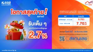 ธอส.ขยายเวลารับเงินฝากออมทรัพย์ครบรอบ 70 ปี ดอกเบี้ยสูงสุด 7.70% ถึง 30 ธ.ค.นี้