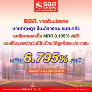 ธอส.กดอัตราดอกเบี้ย MRR 0.105% ลดภาระลูกค้า-ประชาชน