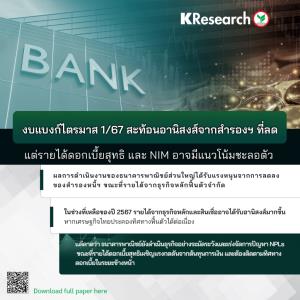 ศูนย์วิจัยกสิกรไทยชี้กำไรแบงก์ Q1 รับอานิสงส์สำรองลด แนวโน้มรายได้ดอกเบี้ย-NIM ชะลอ