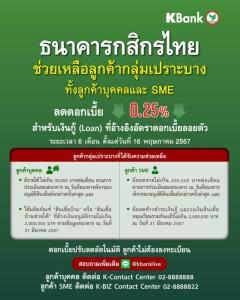 กสิกรไทยประกาศลดดอกเบี้ย 0.25% ช่วยเหลือลูกค้ากลุ่มเปราะบางระยะเวลา 6 เดือน