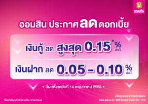 ออมสินประกาศลดดอกเบี้ยเงินกู้สูงสุด 0.15%  เงินฝาก 0.05 – 0.10% มีผล 14 พ.ค. นี้