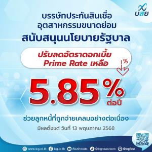บสย. ประกาศลดดอกเบี้ย Prime Rate เหลือ 5.85%มีผล 13 พ.ค. นี้-เร่งเดินหน้าช่วยเหลือลูกหนี้