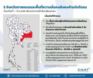 CAAT ออกประกาศฉบับที่ 5 อนุญาตบิน”โดรน” เว้น 5 จังหวัดชายแดนกัมพูชาและพื้นที่ความมั่นคง