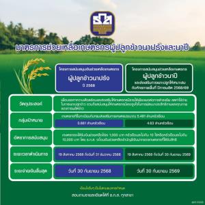 ธ.ก.ส.เดินหน้าช่วยเหลือเกษตรกรผู้ปลูกข้าวนาปรัง-นาปีไร่ละ 1,000 บาท-เริ่มโอน1ก.ย.68