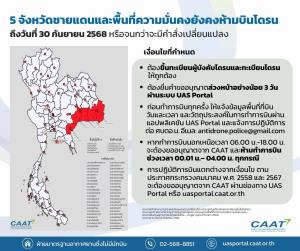 CAAT ประกาศฉบับที่ 6 ขยายเวลาบินโดรน พื้นที่ 5 จังหวัดชายแดน