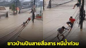 คลิปนาทีสุดช็อก! ชาวบ้านปีนสายสื่อสารหนีนํ้าท่วม ในวิกฤตหนักน้ำท่วมหาดใหญ่ (ชมคลิป)