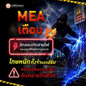 MEA เตือนตัดสายไฟ-ขโมยสายไฟ แอบใช้ไฟผิดกฎหมาย โทษหนักทั้งจำทั้งปรับ เสี่ยงอันตรายถึงชีวิต