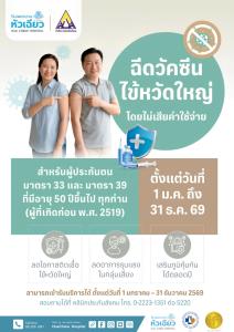 สุขภาพดีเริ่มต้นที่การป้องกัน.. ผู้ประกันตนทุกโรงพยาบาล อายุ 50 ปีขึ้นไปทุกท่าน ฉีดวัคซีนไข้หวัดใหญ่ฟรี!