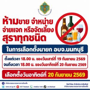 เตือนชาวนนท์ งดขาย-แจกเครื่องดิ่มแอลกอฮอล์ 6 โมงเย็น พรุ่งนี้ รับมือเลือกตั้งนายก อบจ.