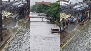 น้ำคลองแสนแสบทะลักท่วมถนนลาดพร้าว ช่วงตรงข้ามตลาดบางกะปิ รถติดหนัก