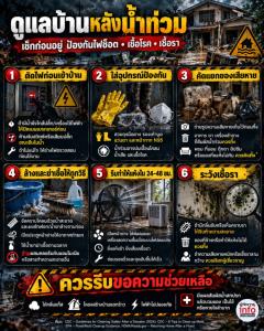 ดูแลบ้านหลังน้ำท่วม  เช็กก่อนอยู่ ป้องกันไฟช็อต • เชื้อโรค • เชื้อรา